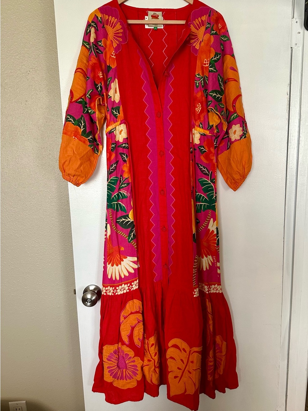 Farm Rio Red Tropical Floral Button Front Midi Dress Size S